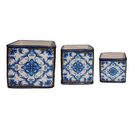 CJ. DE CACHEPOTS DE CERAMICA AZUL - 3 PCS
