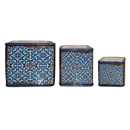 CJ. DE CACHEPOTS DE CERAMICA AZUL - 3 PCS