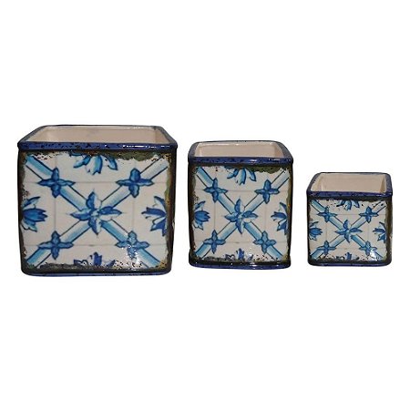 CJ. DE CACHEPOTS DE CERAMICA AZUL - 3 PCS