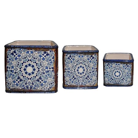CJ. DE CACHEPOTS DE CERAMICA AZUL - 3 PCS