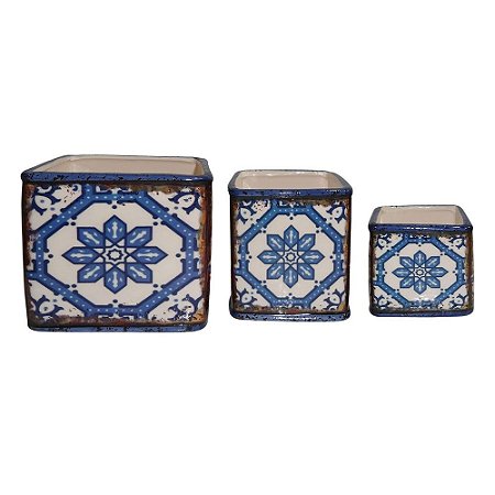 CJ. DE CACHEPOTS DE CERAMICA AZUL - 3 PCS