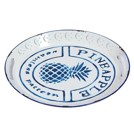 BANDEJA EM METAL BRANCA E AZUL 42CM X 33,5CM X 4,5CM