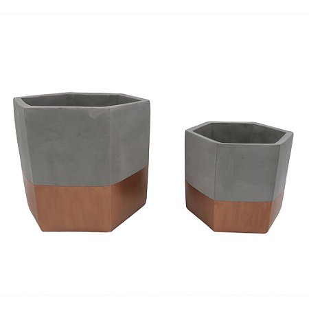 CONJ. DE CACHEPOTS SEXTAVADO EM CIMENTO CINZA E COBRE  2 PCS