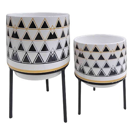 CJ. DE CACHEPOTS DE CERAMICA COM BASE DE MADEIRA - 2PS