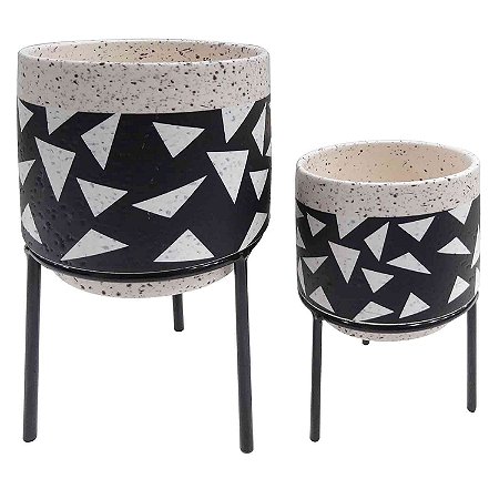 CJ. DE CACHEPOTS DE CERAMICA COM BASE DE MADEIRA - 2PS