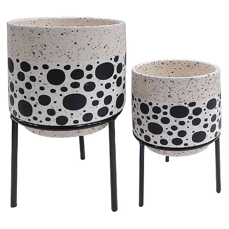 CJ. DE CACHEPOTS DE CERAMICA COM BASE DE MADEIRA - 2PS