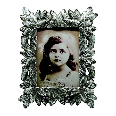 PORTA RETRATO DE RESINA C/ ACABAMENTO FOLHAS PRATEADAS