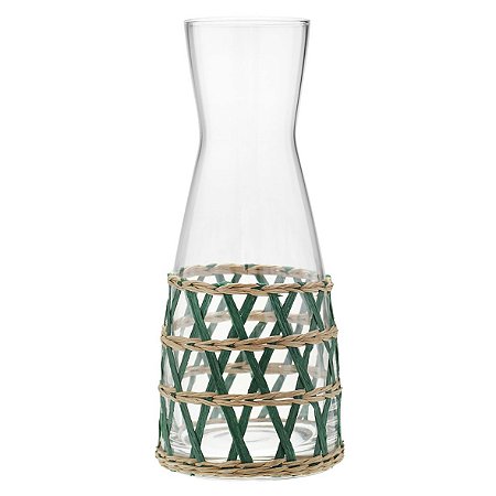 JARRA DE VIDRO E RATTAN VERDE 6,8CM X 10CM X 24,8CM