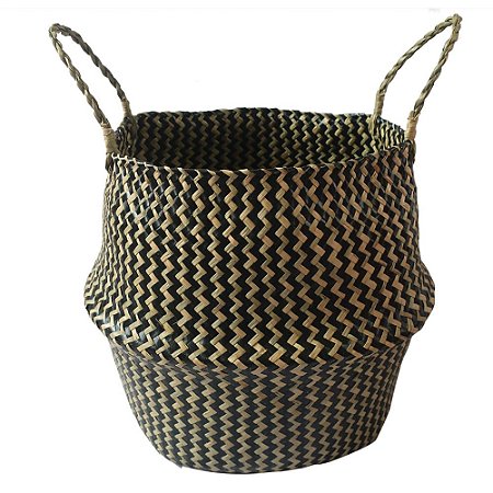 CESTO COM ALCAS EM RATTAN PRETO E BEGE D31CM X 27CM
