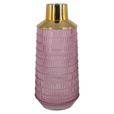 VASO DE VIDRO TRANSPARENTE ROSA COM METAL DOURADO 12CM X 12C