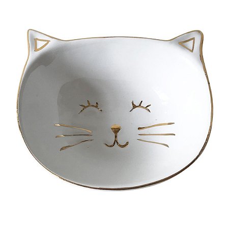 CJ  DE MINI PRATO DE CERAMICA GATO BRANCO E DOURADO  4PCS