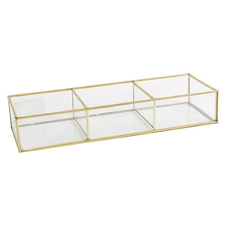 PORTA OBJETOS EM VIDRO E METAL TRANSPARENTE E DOURADO 33CM X