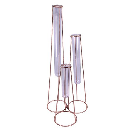 VASO TRES TUBOS DE VIDRO E METAL ROSE