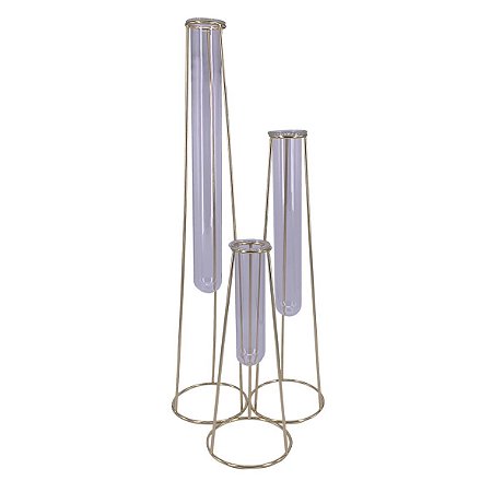 VASO TRES TUBOS DE VIDRO E METAL DOURADO