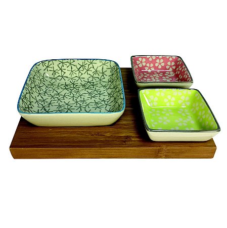 PETISQUEIRA DE BAMBOO E CERA MICA COM 3 BOWLS
