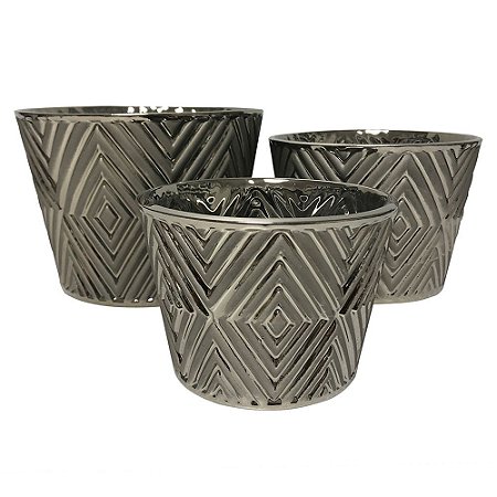 CONJ. DE CACHEPOTS EM CERAMICA PRATEADO  3 PCS G  D13CM X 9,