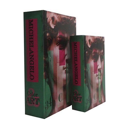 CONJ. DE CAIXAS LIVRO EM MADEIRA MICHELANGELO VERDE E VERMEL