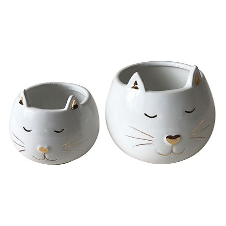 CJ  DE POTES DE CERAMICA GATO BRANCO E DOURADO