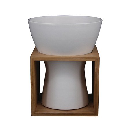 VASO DECORATIVO DE CERAMICA E BAMBU BRANCO 15CM X 15CM X 18C