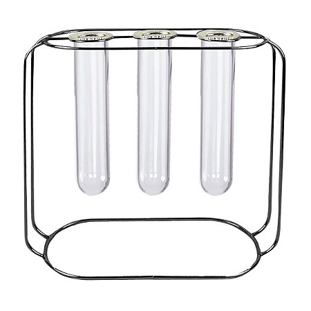 VASO TRES TUBOS DE VIDRO E METAL PRETO