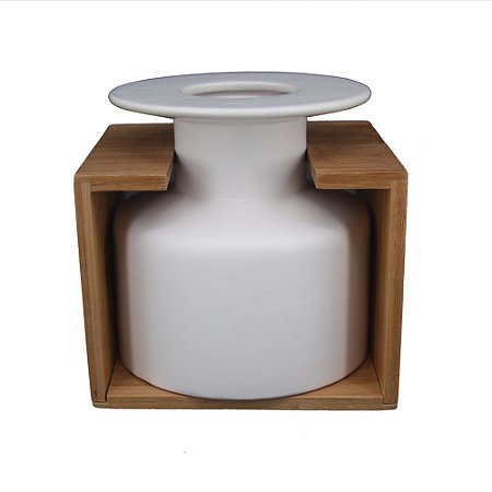 VASO DECORATIVO DE CERAMICA E BAMBU BRANCO 16CM X 14CM X 15C