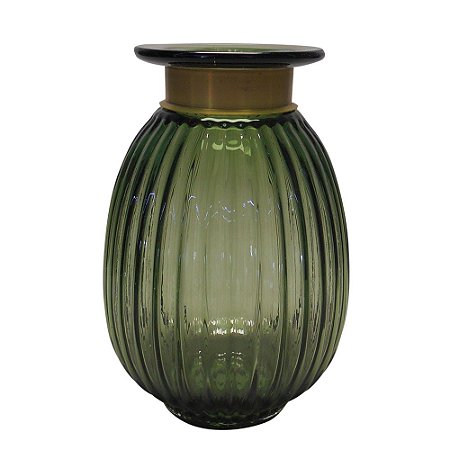 VASO DE VIDRO TRANS VERDE COM METAL DOURADO