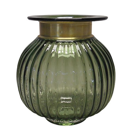 VASO DE VIDRO TRANSPARENTE VERDE COM METAL DOURADO 17CM X 17