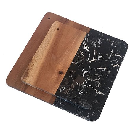 CJ DE TABUAS DE MADEIRA E MARMORE PRETO  2PCS G27CM X 27CM X