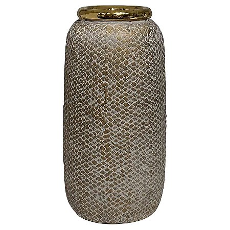 VASO DE CERAMICA BEGE E DOURADO