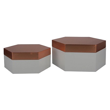 CONJ. DE CAIXAS SEXTAVADO DE MADEIRA BRANCO E COBRE  2PCS G