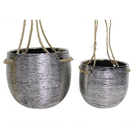 CONJ. DE CACHEPOTS DE CERAMICA PARA PAREDE PRATA COM ALCA DE