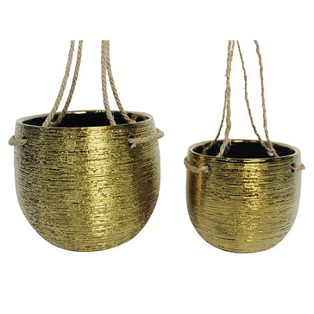 CONJ. DE CACHEPOTS DE CERAMICA PARA PAREDE DOURADO COM ALCA