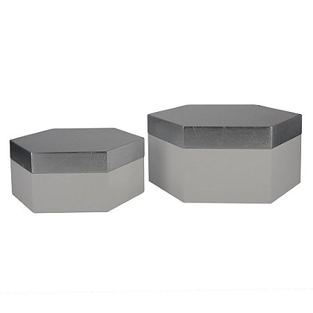 CONJ. DE CAIXAS SEXTAVADO DE MADEIRA CINZA  2PCS G  17,7CM X