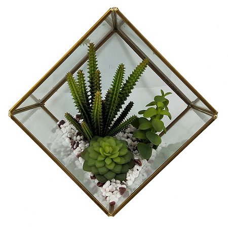 TERRAREO DE VIDRO E METAL DOURADO E FLORES DECORATIVAS