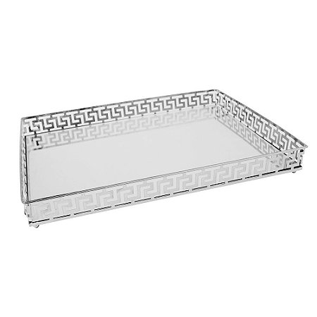 BANDEJA ESPELHADA DE METAL PRATA 40CM X 30CM X 5CM