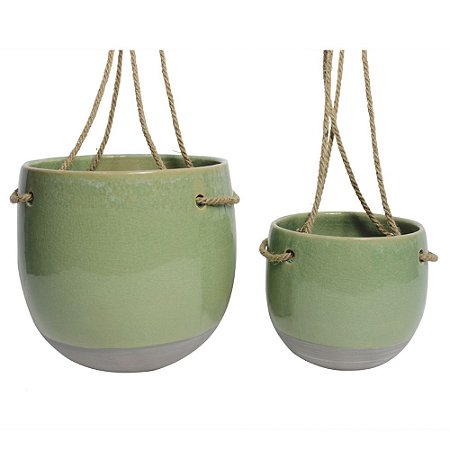 CONJ. DE CACHEPOTS DE CERAMICA PARA PAREDE VERDE E CINZA COM