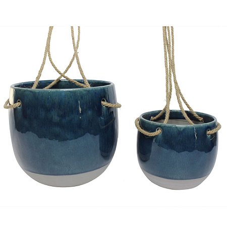 CONJ. DE CACHEPOTS DE CERAMICA PARA PAREDE AZUL E BRANCO COM