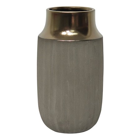 VASO DECORATIVO DE CERAMICA CINZA E DOURADO 14,8CM X 14,8CM