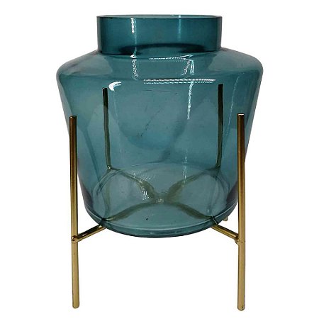VASO DE VIDRO AZUL COM SUPORTE DOURADO