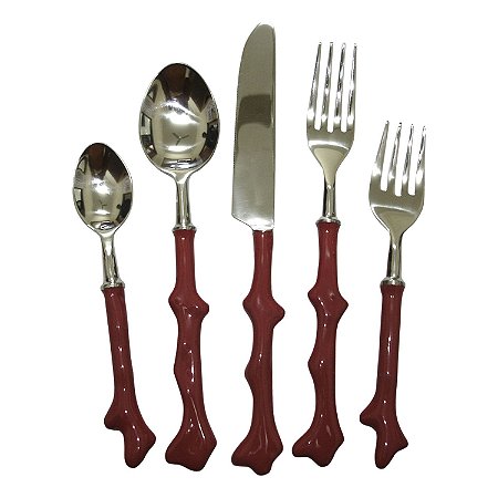 CJ. DE TALHERES - 5 PCS EM METAL E RESINA VERMELHO 1 COLHER