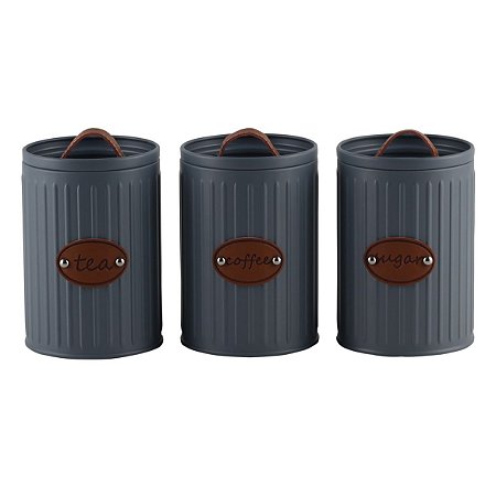 CONJ DE POTES PORTA CONDIMENTOS DE FERRO CINZA COM DETALHES