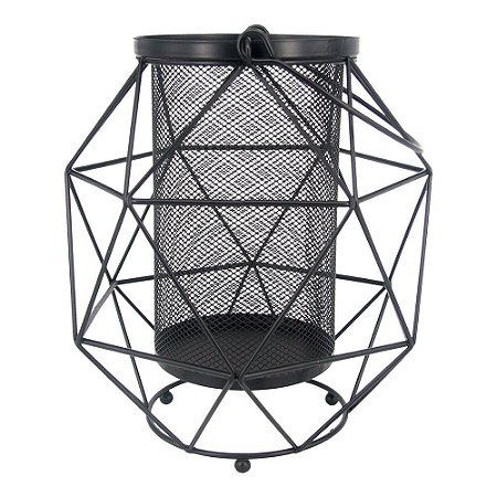 LANTERNA GEOMETRICA DE METAL PRETA 18,6CM X 18,6CM X 22CM
