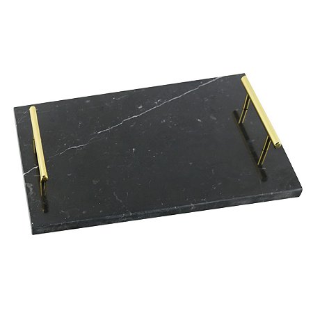 BANDEJA EM MARMORE PRETA COM ALCAS DOURADAS 38CM X 27CM X 5C