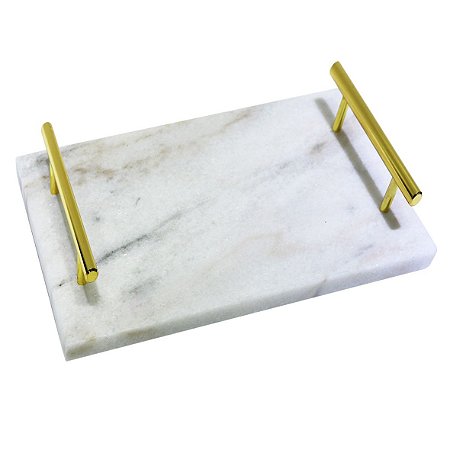 BANDEJA EM MARMORE BRANCO COM ALCAS DOURADAS 38CM X 27CM X 5