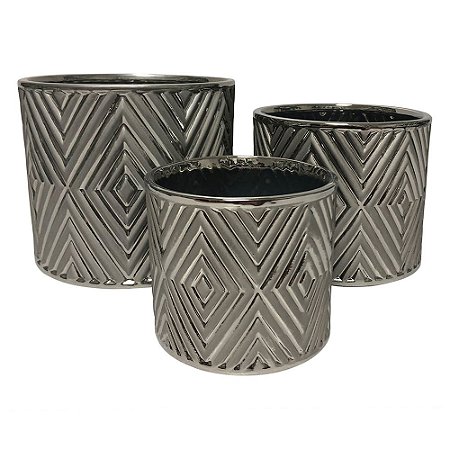 CONJ. DE CACHEPOTS EM CERAMICA PRATEADO  3 PCS G  D12CM X 10