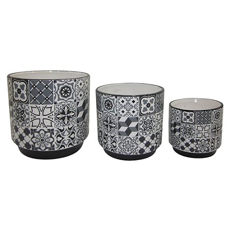 CONJ. DE CACHEPOTS DE CERAMICA ESTAMPADO DE PRETO E BRANCO