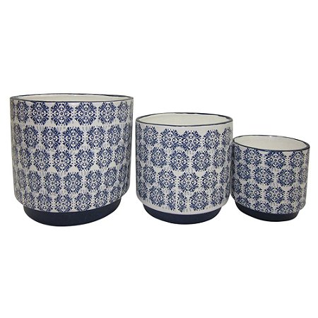 CONJ. DE CACHEPOTS DE CERAMICA ESTAMPADO DE AZUL  3 PCS G  1