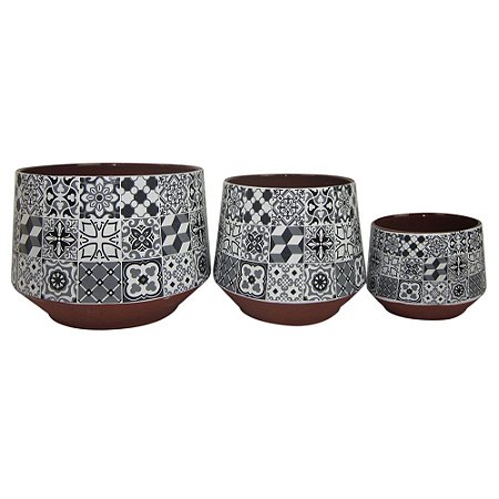 CONJ. DE CACHEPOTS DE CERAMICA ESTAMPADO DE PRETO E BRANCO C