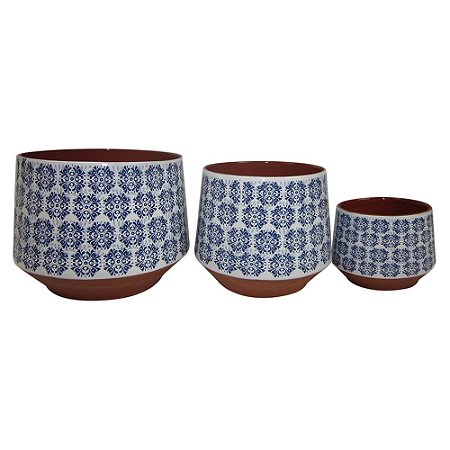 CONJ. DE CACHEPOTS DE CERAMICA ESTAMPADO AZUL E BRANCO COM D