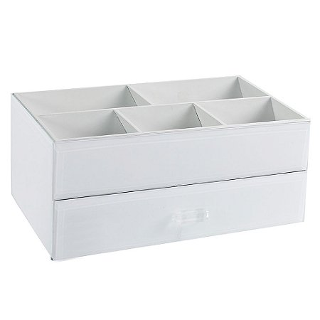 PORTA MAQUIAGEM EM VIDRO E MADEIRA BRANCO 28CM X 16CM X 12CM
